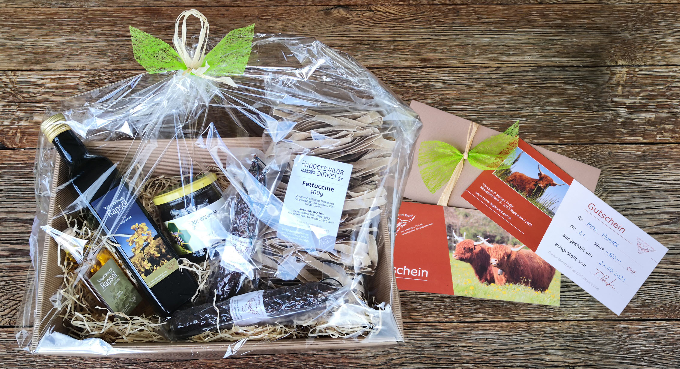 Geschenkkorb und Gutschein von Tom's Highlandbeef